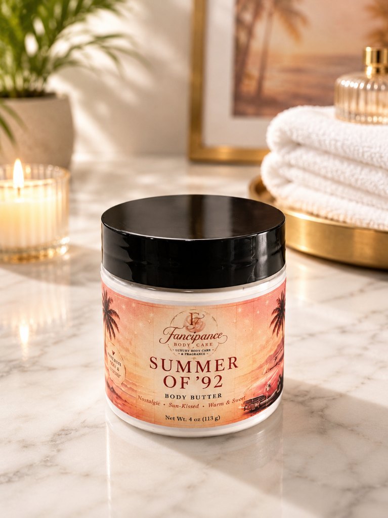                       Summer of 92"
 
Profile: 
A glowing tropical skin scent blending juicy pineapple, island florals, creamy coconut, and warm amber vanilla. Soft, sun-kissed, and nostalgic like warm summer nights and bronzed skin after the beach.

Vibe:
Luxury vacation • Golden hour • Feminine 
•Tropical skin scent

Scent Notes:
Top: Pink pineapple, citrus zest, tropical nectar.
Middle: Tiaré flower, hibiscus bloom, soft guava.
Base: Creamy coconut, amber musk, warm vanilla skin.
